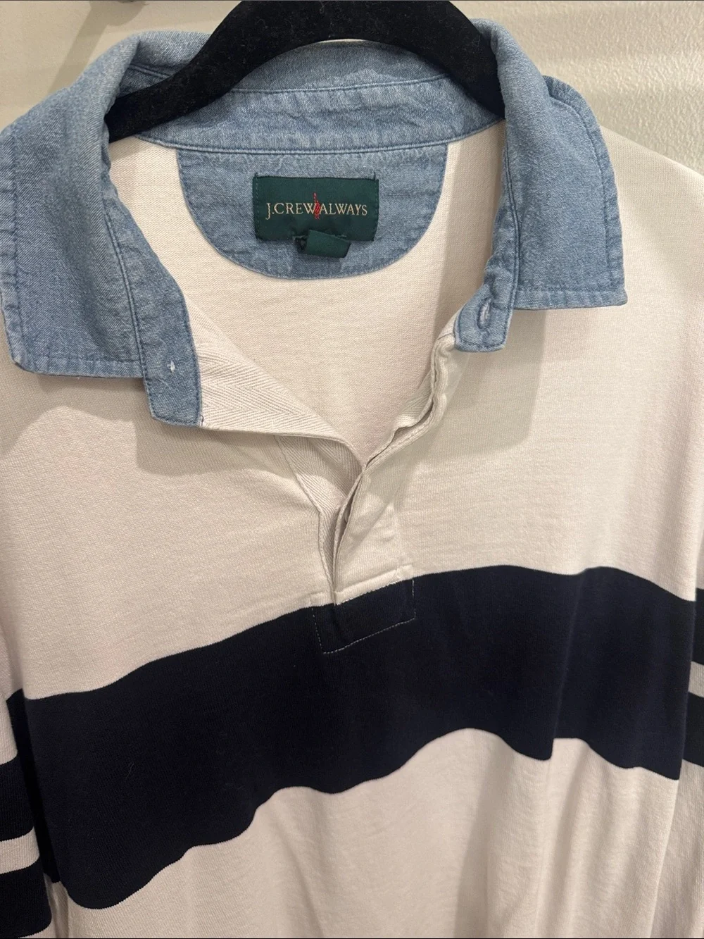 Vintage J. Crew Long-Sleeve Rugby Shirt Navy Stripe and Chambray Collar